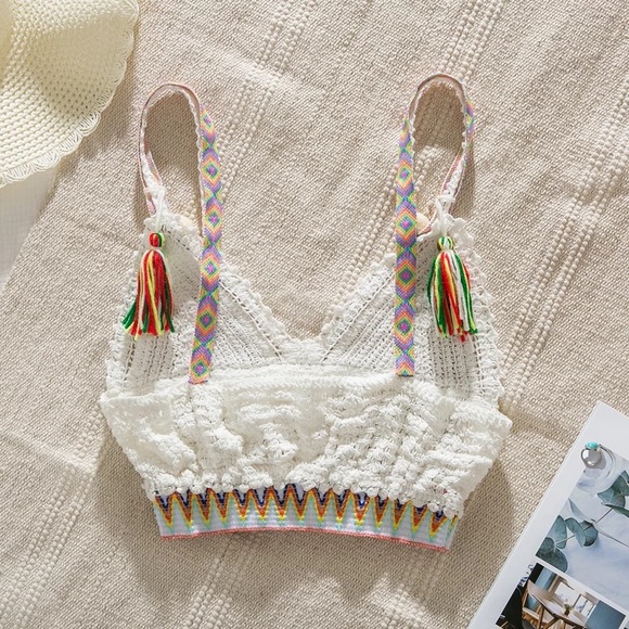 NWT S Boho tassel fringe white crochet rainbow top price final price is firm - Picture 7 of 16